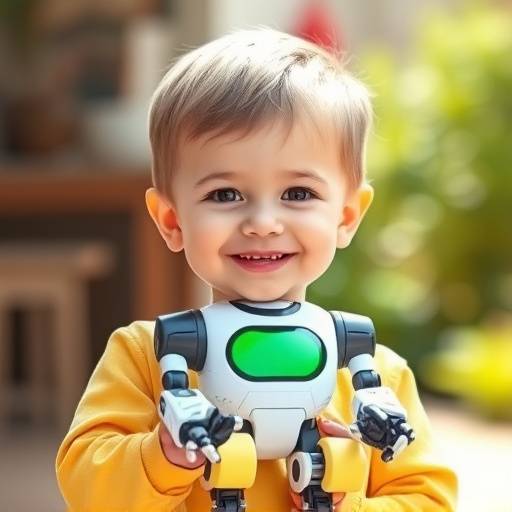 A child holding a brightly colored robot building kit, smiling.