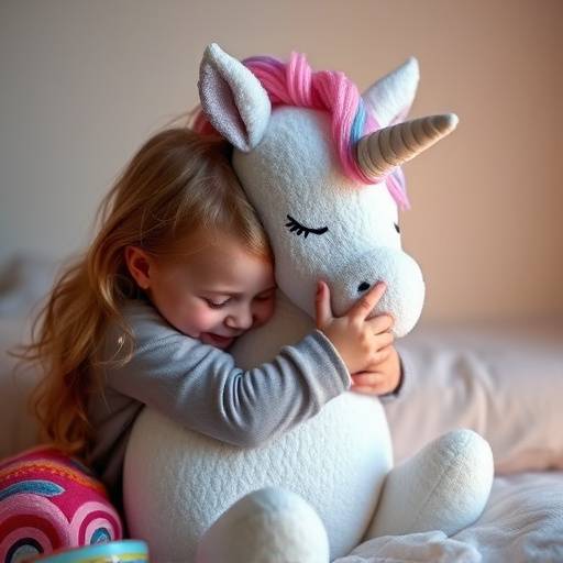 A child hugging the Enchanted Unicorn Plush, illustrating its comforting presence