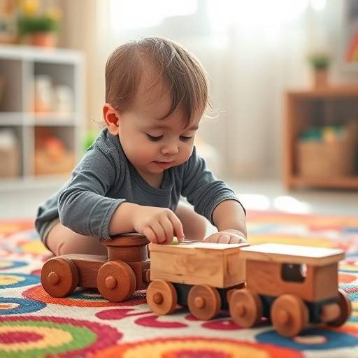 A child playing with a wooden train set on a colorful rug