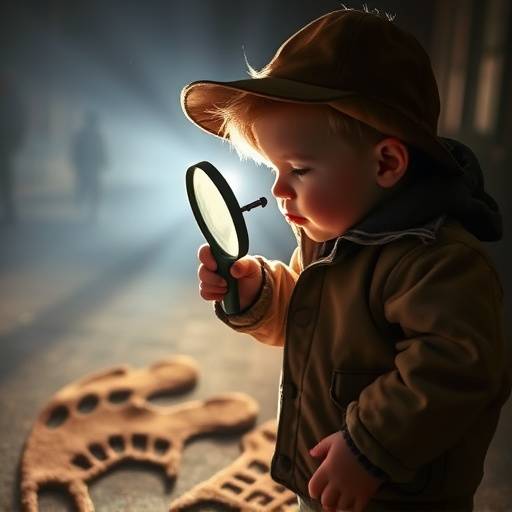 A child wearing a detective hat and coat looking through a magnifying glass at a footprint.