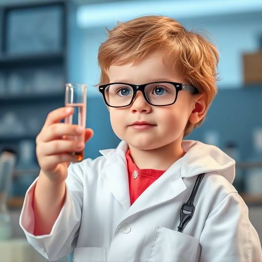A child wearing a science kit looking at a test tube with liquid