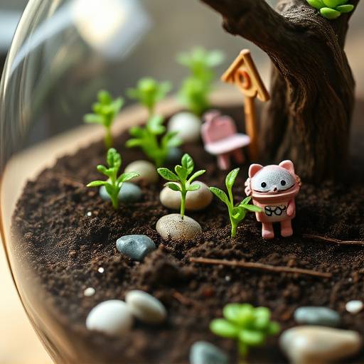 A close-up of a DIY terrarium kit with soil, stones, and tiny plant figurines.
