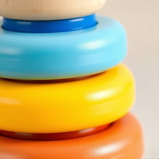 A close-up shot of a wooden stacking toy with colorful rings.