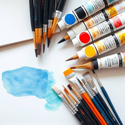 A collection of watercolor paint tubes and brushes arranged around a blank watercolor paper.