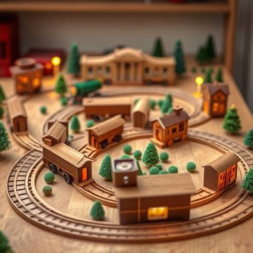 A picture of a wooden train set with tracks forming a loop around miniature buildings.