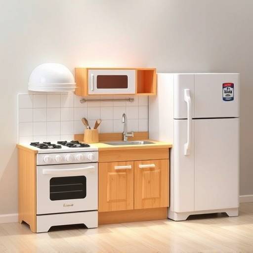A set of play kitchen appliances including a stove, refrigerator, and sink