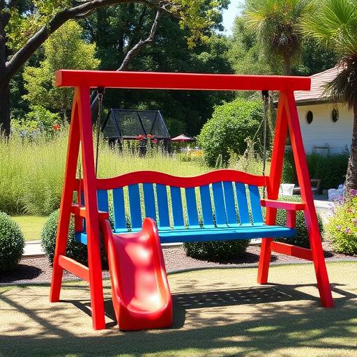 Bright red and blue swing set with a slide in a garden setting