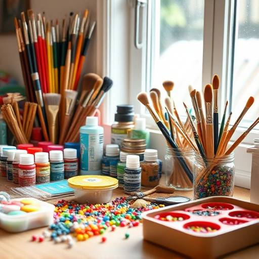 Craft kit with various art supplies including paint, brushes, and beads