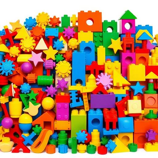 Large set of colorful building blocks in a variety of shapes and sizes