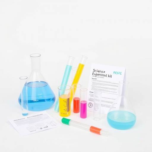 Science experiment kit with beakers, test tubes, and instructions