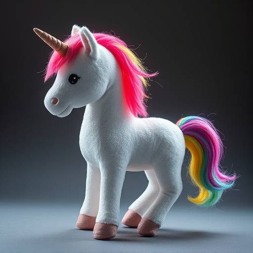 Side view of the Enchanted Unicorn Plush, highlighting its rainbow mane and tail