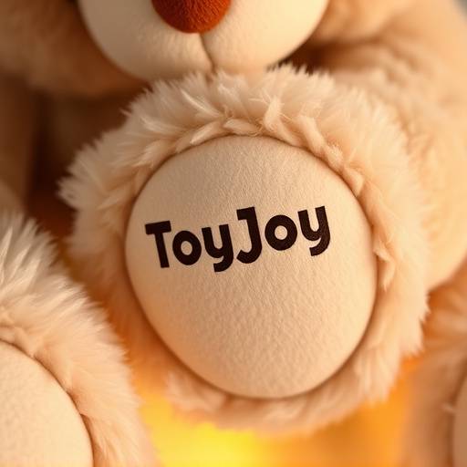 Stuffed animal teddy bear with a ToyJoy logo on its paw
