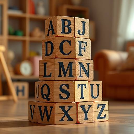 Wooden alphabet blocks stacked in a tower